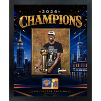 Frameworth New York Knicks 2026 Champions: OG Anunoby Trophy PhotoGlass Framed Photo - 18" W x 22" H - Gold-Framed photoglass display: OG Anunoby PhotoGlass Frame New York Knicks 2026 Championship Trophy Gold Celebration Design for New York Knicks fans and collectors