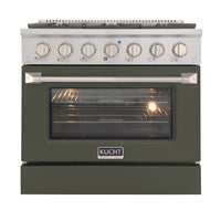 Kucht 36" KNG Series Pro Style Propane Gas Range - Stainless Steel/Olive Green-Cook and bake like a pro with the extra-large convection oven that offers 4.2 cu. ft. of capacity, a 5-rack configuration, and an extra-large viewing window