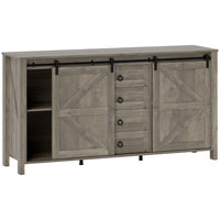 HOMCOM Farmhouse 59.8" L Sideboard Buffet Cabinet with Storage - Distressed Light Grey-Bring farmhouse charm to your kitchen with barn doors and retro accents
