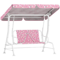 Qaba Kids 2-Seater Patio Swing Bench with Safety Belts and Adjustable Canopy - Unicorn & Rainbow - Pink-Robust steel A-frame with non-slip feet provides superior stability 