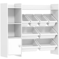 Qaba Kids Bookshelf and Toy Storage Organizer with 8 Removable Storage Bins, Shelves and Cabinet - White-Combines bookcase, toy bins, and cupboard for versatile storage 