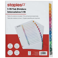 Staples Pre-Printed Index Dividers - 1-15 - Coloured-Tab dividers are numbered 1 through 15 to keep documents organized