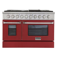 Kucht 48" KNG Series Pro Style Propane Gas Range - Stainless Steel/Red-Cook and bake like a pro with two separate ovens featuring large oven windows. The main oven is a heavy-duty blue porcelain oven with 4.2-cu-ft of capacity, while the additional side oven has 2.5-cu-ft of capacity