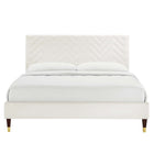 Modway Leah Chevron Tufted Performance Velvet Full Platform Bed with Wood Legs and Gold Metal Sleeves - White-Assembly Required