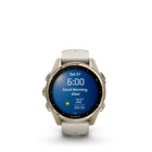 Garmin fēnix 8 - AMOLED Outdoor Recreation/Adventure Watches - 43 mm - Sapphire, Soft Gold with Fog Gray/Dark Sandstone Silicone Band-Off-grid voice command feature lets you access select watch controls even without a smartphone connection