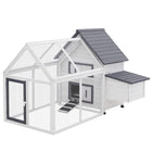 PawHut 65" Wooden Hen House with Run Box - Grey-Durable fir wood construction with elevated living house, backyard run, nesting box, ramp and door 