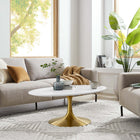 Modway Lippa 42" Oval Wood Coffee Table - Gold White-Chip-Resistant Metal Pedestal Base