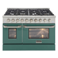 Kucht 48" KDF Series Pro Style Propane Ready Dual Fuel Range - Stainless Steel/Green-Cook and bake like a pro with 2 separate ovens with large oven windows, the main is a heavy-duty blue porcelain oven with 4.2 cu. ft. of capacity while the additional side oven has 2.5 cu. Ft
