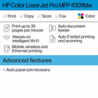 HP 4301fdw Multifunction Colour LaserJet Pro Printer-Print Speed - First page out Letter: As fast as 9.1 sec Black, As fast as 9.7 sec Colour, First page out A4: As fast as 9.5 sec Black, As fast as 10.2 sec Colour, Letter: Up to 35 ppm Black, Up to 35 ppm Colour, A4: Up to 33 ppm Black, Up to 33 ppm Colour