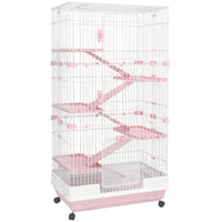 PawHut 63" H 6-Level Small Animal Cage with Universal Lockable Wheels - Pink-Ideal for small pet of large size such as rabbits, pet mink, chinchillas, etc 