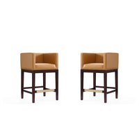 Manhattan Comfort Kingsley 21" Mid-Century Modern Faux Leather Upholstered Counter Stool - Camel and Dark Walnut - 2 Pack-Mid-Century Modern Counter Stool with Backseat Perfect for Bar and Kitchen Use. Set of 2