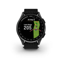 Garmin Approach S50 Smartwatch - Slate Aluminum Bezel With Black Comfortfit Nylon Band-COLORFUL AND CAPABLE - The stunning 1.2" AMOLED touchscreen display makes it easy to see key yardages to the green, hazards and layups on the colorful course maps.