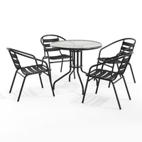Flash Furniture 31.5" Round Glass Metal Table with 4 Black Metal Aluminum Slat Stack Chairs-Table and Chair Set