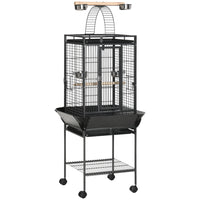 PawHut 61.5" H Bird Cage with Stand, Pull Out Tray, Play Top, Storage Shelf and Wood Perch - Black-Two wooden perches and an arched bridge, make birds feel like in the branch 