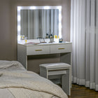 HOMCOM Vanity Desk with Mirror and Lights - 31.5" L x 15" W x 53.1" H - White-Smooth three-section sliding drawers for easy access 