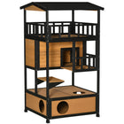 PawHut 4-Floor Outdoor Wood Cat House with Condo Entrances and Perch - Natural/Black-The solid fir wood is robust and long-lasting 