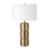 Hudson&Canal Campbell 27" Tall Table Lamp with Fabric Shade - Brass/White-Mid-century modern design for your living room, workspace, or bed side table