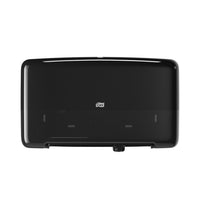 Tork Twin Mini Bath Tissue Dispenser - Black-
Maximize hygiene with a dispensing system that protects the bath tissue from overexposure to restroom environment.