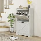 HOMCOM Farmhouse Slim Shoe Cabinet with 2 Flip Drawers & Adjustable Shelves - Distressed White-Accommodate up to 8 pairs of shoes, back holes to keep shoes well-ventilated