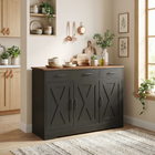 HOMCOM 43" Farmhouse Sideboard Buffet Cabinet for TVs up to 50 Inch with Barn Doors - Black-Bring farmhouse charm to your kitchen with barn doors and dark brown top