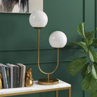 Hudson&Canal Dufrene 2-Light Table Lamp with Glass Shades - Brass/White Milk-Handcrafted brass finish is applied to the steel base