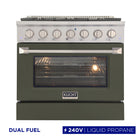 Kucht 36" KDF Series Pro Style Propane Gas Dual Fuel Range - Stainless Steel/Olive Green-6-burner gas range includes one 20,000 BTU dual burner with simmer, one 15,000 BTU burner, one 12,000 BTU burner, two 9,000 BTU burners and one 6,000 BTU