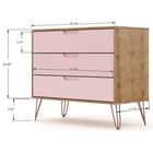 Manhattan Comfort Rockefeller Mid-Century Modern Bedroom Dresser 3-Piece Set - Nature/Rose Pink-Recommended for up to a 65" TV.