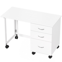 HOMCOM 42" Foldable Mobile Computer Desk with 3 Drawers and Wheels - White Wood Grain-Desktop opens to 42.1" L x 19.7" W, folds to 20.5" L x 19.7" W