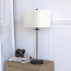 Hudson&Canal Harlow 29" Tall Table Lamp with Fabric Shade - Clear Glass/Blackened Bronze/White-Handcrafted clear glass and blackened bronze finish is applied to the cylinder metal and glass base