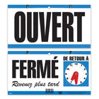 Cosco Open Come In Will Return Indoor/Outdoor Door Sign with Clock - French Text-Made of durable plastic, this sign is suitable for both indoor and outdoor use on doors, windows, or entryways
