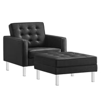 Modway Loft Tufted Vegan Leather Armchair and Ottoman Set - Silver Black-Mid-Century Armchair and Ottoman Set