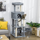 PawHut 55" Activity Center Cat Tree Tower with Hanging Ball Toys, Condo, Hammocks and Ramp - Grey-Hanging ball for entertainment 