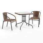 Flash Furniture 28" Square Glass Metal Table with Dark Brown Rattan Edging & 2 Dark Brown Rattan Stack Chairs-Table and Chair Set