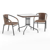 Flash Furniture 28" Square Glass Metal Table with Dark Brown Rattan Edging & 2 Dark Brown Rattan Stack Chairs-Table and Chair Set