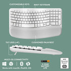 Logitech Wave Keys Wireless Ergonomic Keyboard with Cushioned Palm Rest - Off White-Connect with Bluetooth or the Logi Bolt Receiver: Use Easy-Switch to switch between laptop, tablet and phone (compatible with Windows/macOS/iPadOS/ChromeOS), up to 3 years battery life 