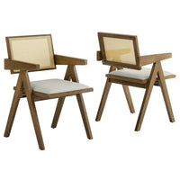 Modway Thera Vegan Leather Cane Dining Armchairs - Weathered Oak/Stone - 2 Pack-Set of 2 Dining Armchairs