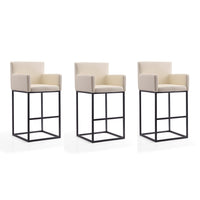 Manhattan Comfort Ambassador 21" Mid-Century Modern Faux Leather Upholstered Bar Stool - Cream and Black - 3 Pack-Mid-Century Modern Barstool with Backseat Perfect for Bar and Kitchen Use. Set of 3