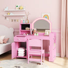 Qaba Kids Vanity Set with Lighted Mirror - Pink-Versatile desk in one, great for dress-up, playing and reading
