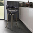 Armen Living Shelly 26" Counter Height Swivel Bar Stool in Grey Faux Leather & Black Wood-Whether you have a kitchen island, a bar table, pub table or peninsula, we've got you covered with any height you desire. Our bar height stools have a comfortable seat height of 30" and our counter height stools hold you at a convenient 26" seat height.