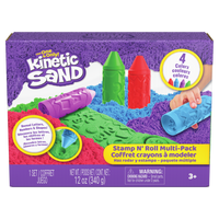 Kinetic Sand Stamp N' Roll Crayon-themed Multi-Pack Playset-4 colours for stamp & roll fun: Kids can stamp & roll the red, blue, purple & green coloured sand (3 oz each) to reveal letters, numbers & shapes like a cute smiley face & star