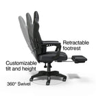 Emerge Vomax Bonded Leather Ergonomic Gaming Chair - Black/Grey-Adjustable seat height, retractable footrest, padded fixed arm rests, and tilt lock