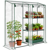 Outsunny Mini Greenhouse with 3 Shelves - 2 Roll-up Doors- Features a versatile layout with three shelves for seedlings and a tall section for larger plants
 