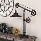 Hudson&Canal Descartes 29" Tall Wide Brim/Pulley System Table Lamp with Metal Shade - Blackened Bronze/Blackened Bronze-Handcrafted blackened bronze finish is applied to the round adjustable metal base