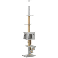 PawHut 89" - 100" Floor-To-Ceiling Cat Tree - Light Grey-Adjustable height from 88.6" -100.4" (225-255cm) fits various ceiling heights 