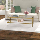 Hudson&Canal Hera 54"W Rectangular Coffee Table with Glass Shelf - Antique Brass-Clean with a soft, dry cloth and no harsh chemicals or abrasive cleaning materials
