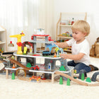 Qaba Kids Wooden Train Set, Mine Themed with Track, Crane, Helicopter & Accessories - Multicoloured - Set of 79-Features a 4-level structure with a helipad, boosting spatial and logical thinking 