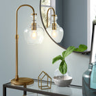 Hudson&Canal Verona 27" Tall Arc Table Lamp with Glass Shade - Brushed Brass/Seeded-Rated for one 60W incandescent bulb - 9W LED bulb, 13W fluorescent (CFL) bulb, or 9W self-ballasted LED bulb, E26-base bulb, Bulb not included