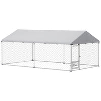 PawHut Outdoor Dog Run with Adjustable Rotating Bowls - 13.1' x 7.5' x 5.2' - Silver-Galvanized metal tubing and thick steel wire mesh ensure lasting strength 
