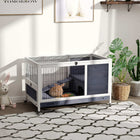 PawHut 23" H Wooden Indoor Rabbit Hutch on Wheels with Run - White-4 wheels to provide easy movement, 2 of them with brakes to keep the hutch in place 