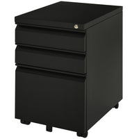 Vinsetto 3-Drawer Steel Letter/A4 Filing Cabinet with Lock & Wheels - Black-3-drawer design: 2 utility drawers and a file drawer for hanging A4, letters and legal-sized files   
